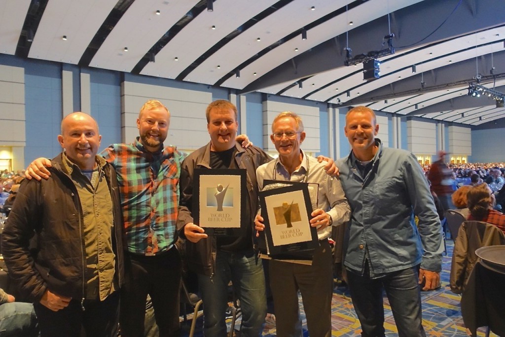 Aussie winners at the World Beer Cup: (L-R) Stone & Wood's Jamie Cook, Caolan Vaughan, Brad Rogers James Squire's Chuck Hahn, S&W's Ross Jurisich. 